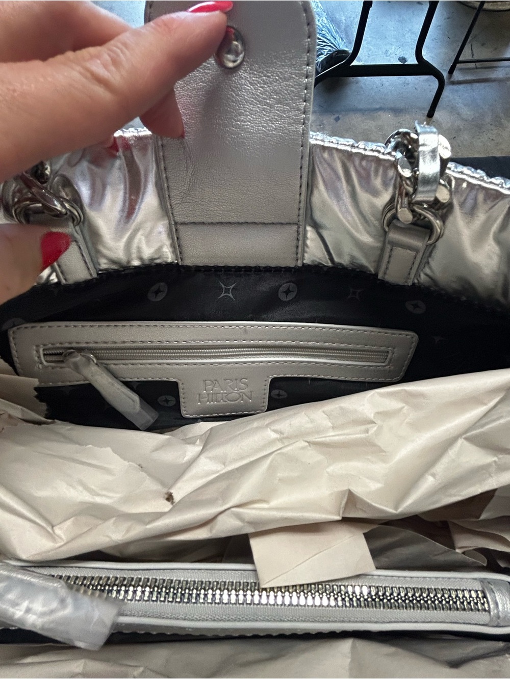Paris Hilton Quilted Carson Metallic Silver Tote - Picture 4 of 6